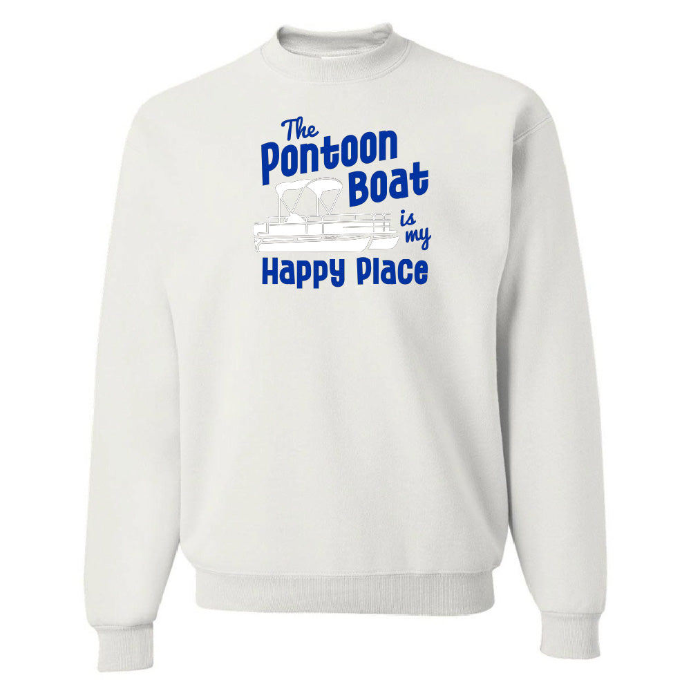 White sweatshirt with blue text and graphic on a white background