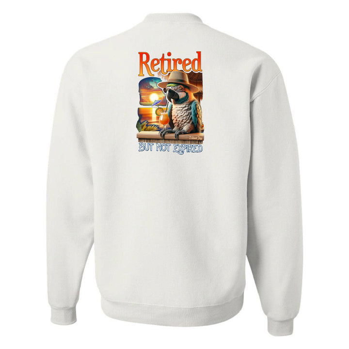 White sweatshirt with a parrot graphic and 'Retired but not expired' text on the back.