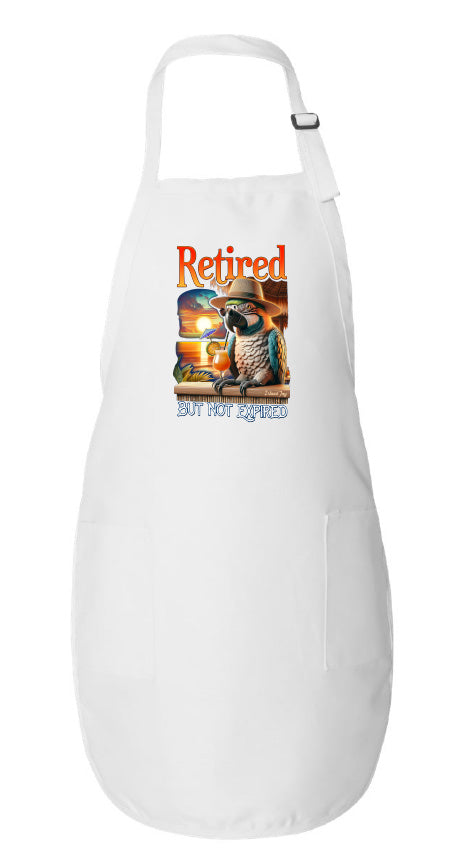 White apron with a graphic design of a parrot and text on a white background