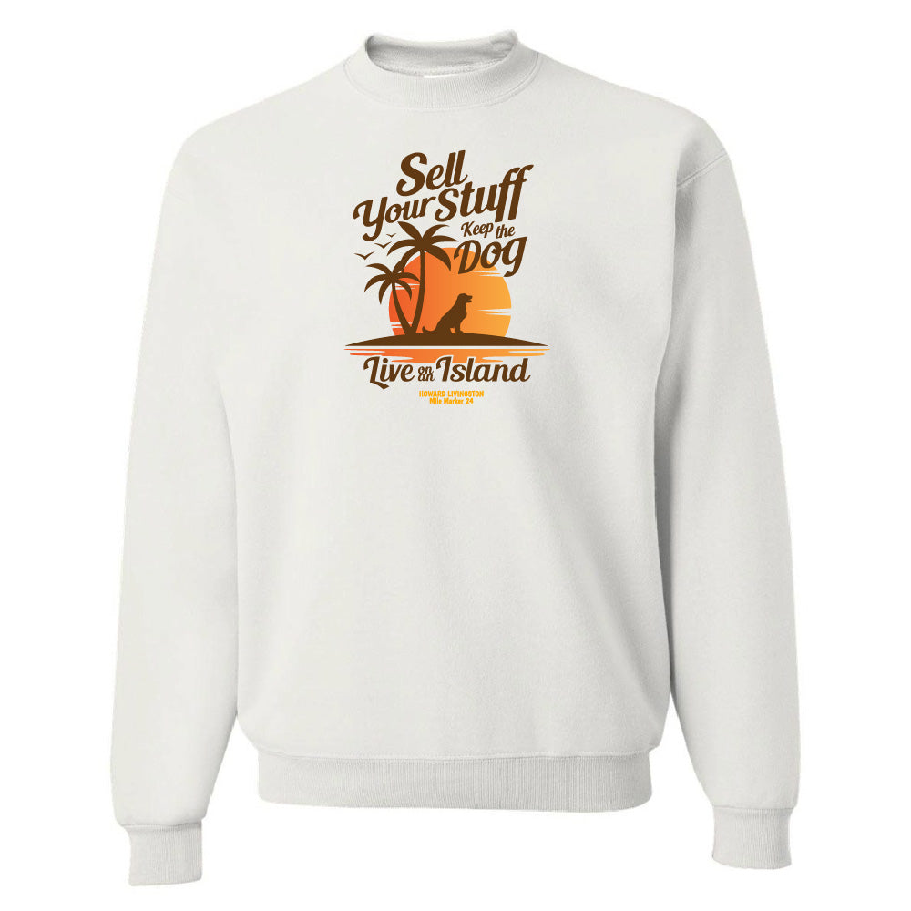 White sweatshirt with a graphic design featuring text and palm trees on a white background