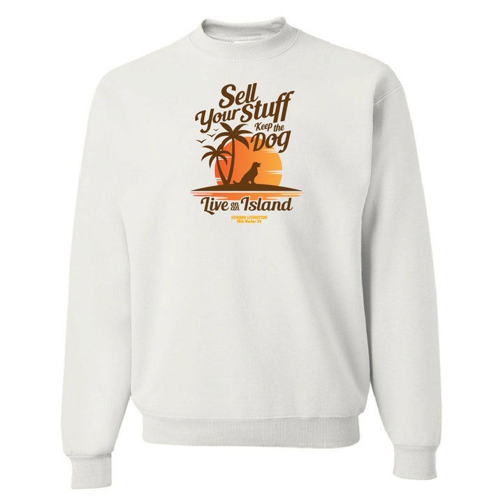White sweatshirt with a graphic design featuring text and palm trees on a white background