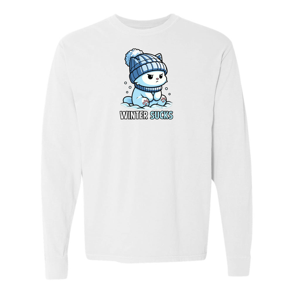 White sweatshirt with a cartoon character and 'Winter Sucks' text on a white background