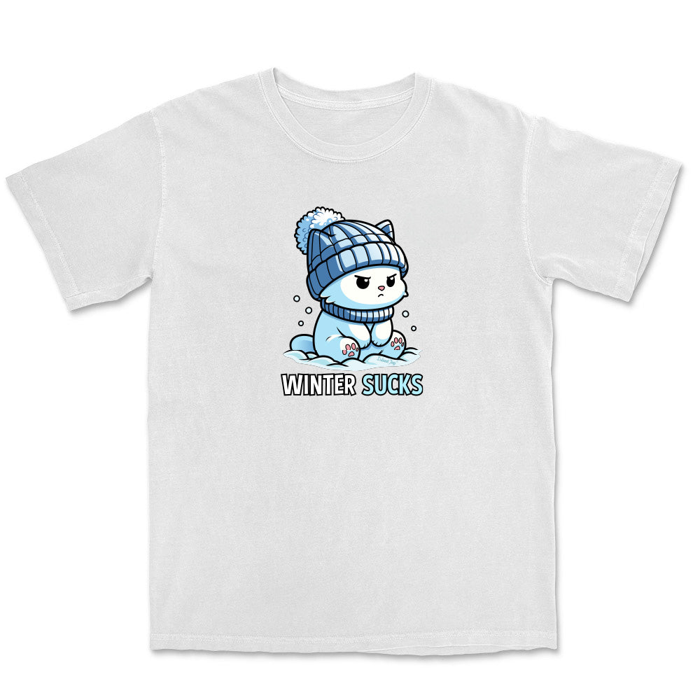 White t-shirt with a cartoon character wearing a blue beanie and text 'Winter Sucks' on a white background