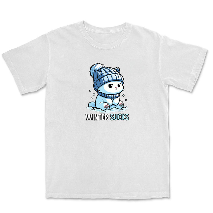 White t-shirt with a cartoon character wearing a blue beanie and text 'Winter Sucks' on a white background