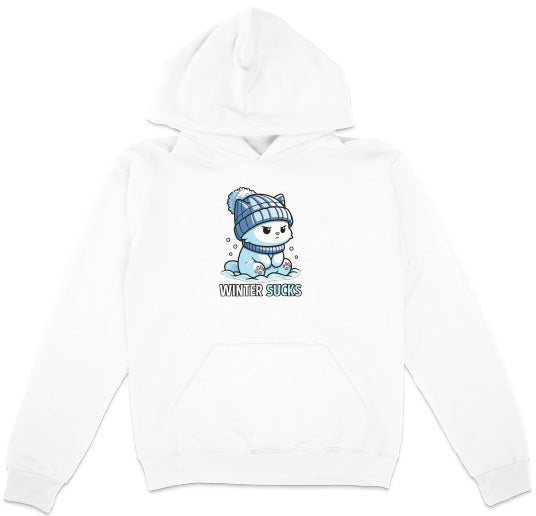 White hoodie with a cartoon bear wearing a blue winter hat and scarf, and 'Winter Sucks' text on a white background.