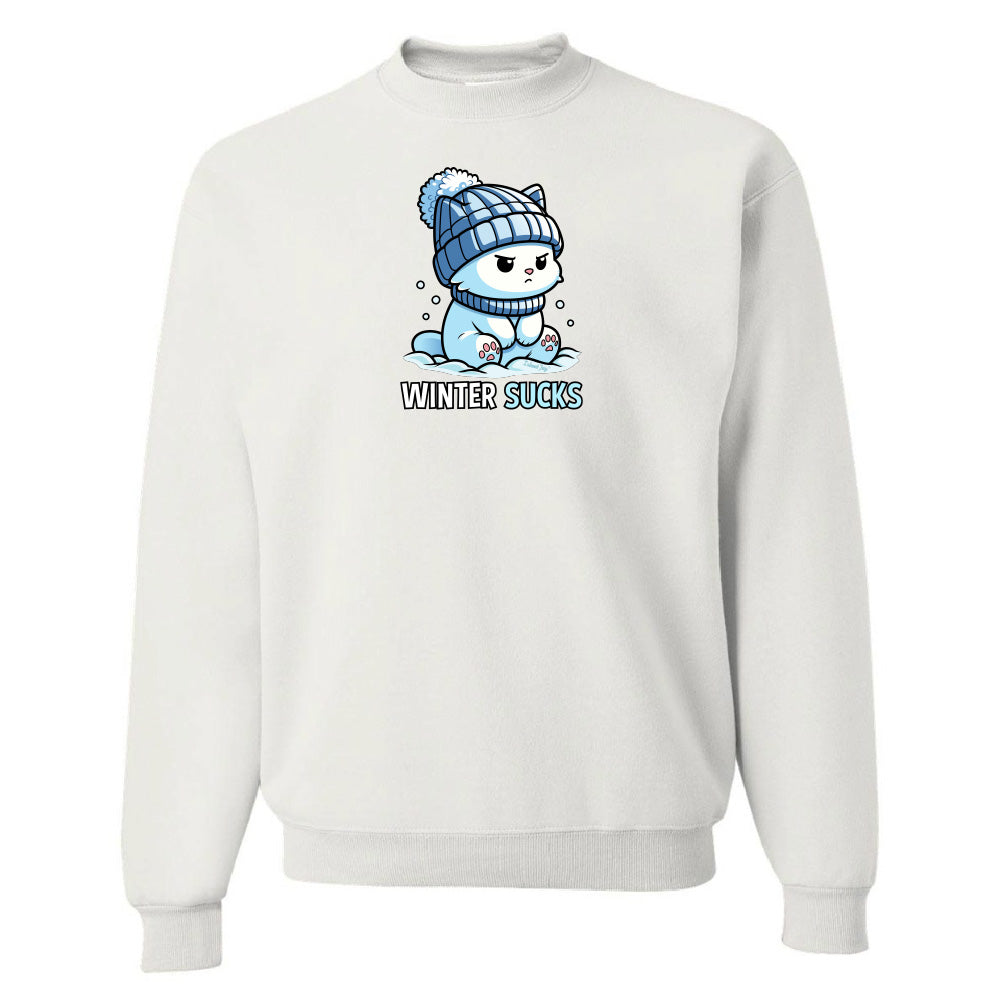 White sweatshirt with a cartoon character and 'Winter Sucks' text on a white background