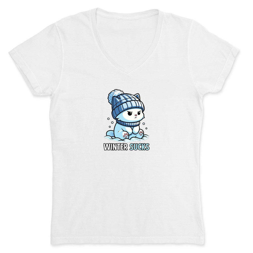 White t-shirt with a cartoon penguin wearing a winter hat and scarf, and the text 'Winter Sucks' on a white background.