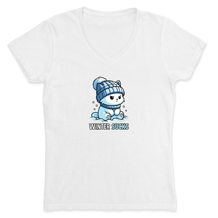 White t-shirt with a cartoon penguin wearing a winter hat and scarf, and the text 'Winter Sucks' on a white background.