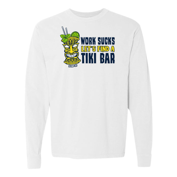 White sweatshirt with a tiki bar graphic and text on a white background