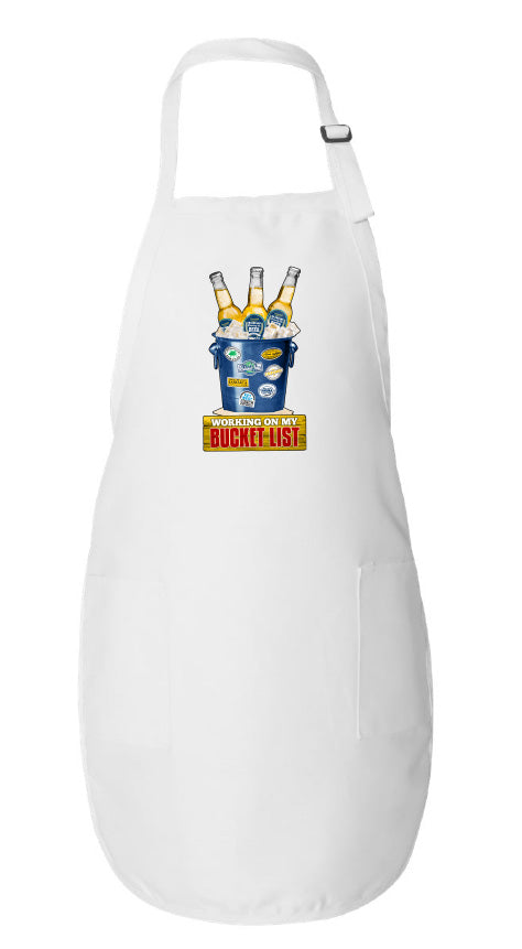 White apron with a graphic design on a white background
