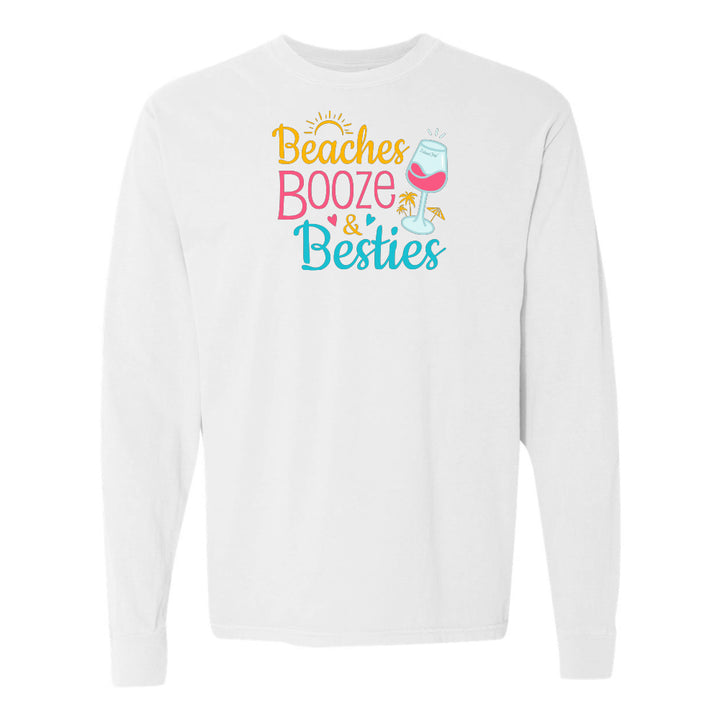 White sweatshirt with 'Beaches Booze & Besties' text and graphics on a white background