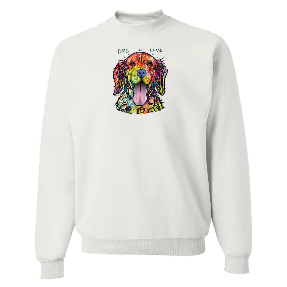 White sweatshirt with a colorful dog illustration and 'Dog is Love' text on a white background