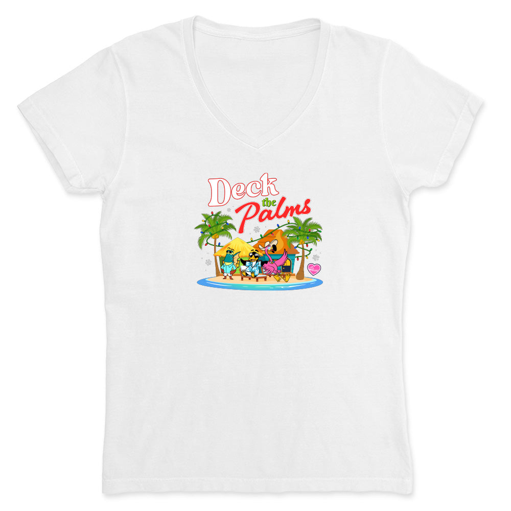 White t-shirt with 'Deck the Palms' graphic design featuring palm trees and a hut.