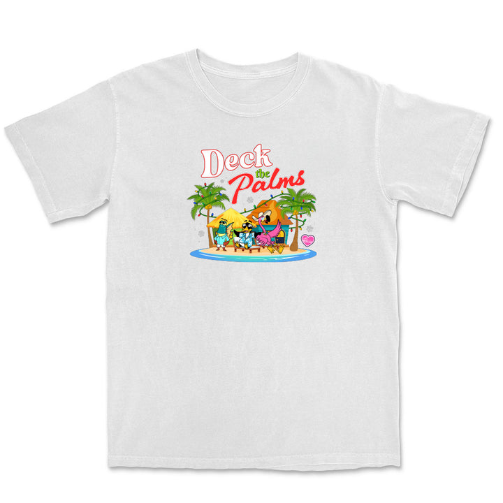 White t-shirt with 'Deck the Palms' graphic design featuring palm trees and a beach scene.