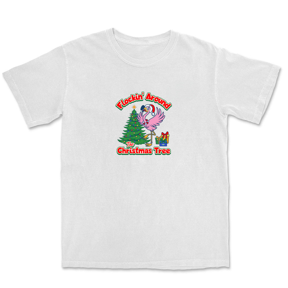 White t-shirt with Christmas-themed graphic and text on a white background