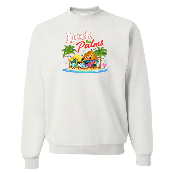 White sweatshirt with 'Deck the Palms' graphic design featuring cartoon characters on a white background