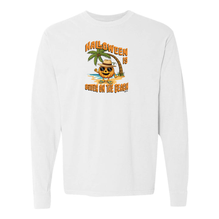 White long-sleeve shirt with Halloween design featuring a palm tree and pumpkin on a white background