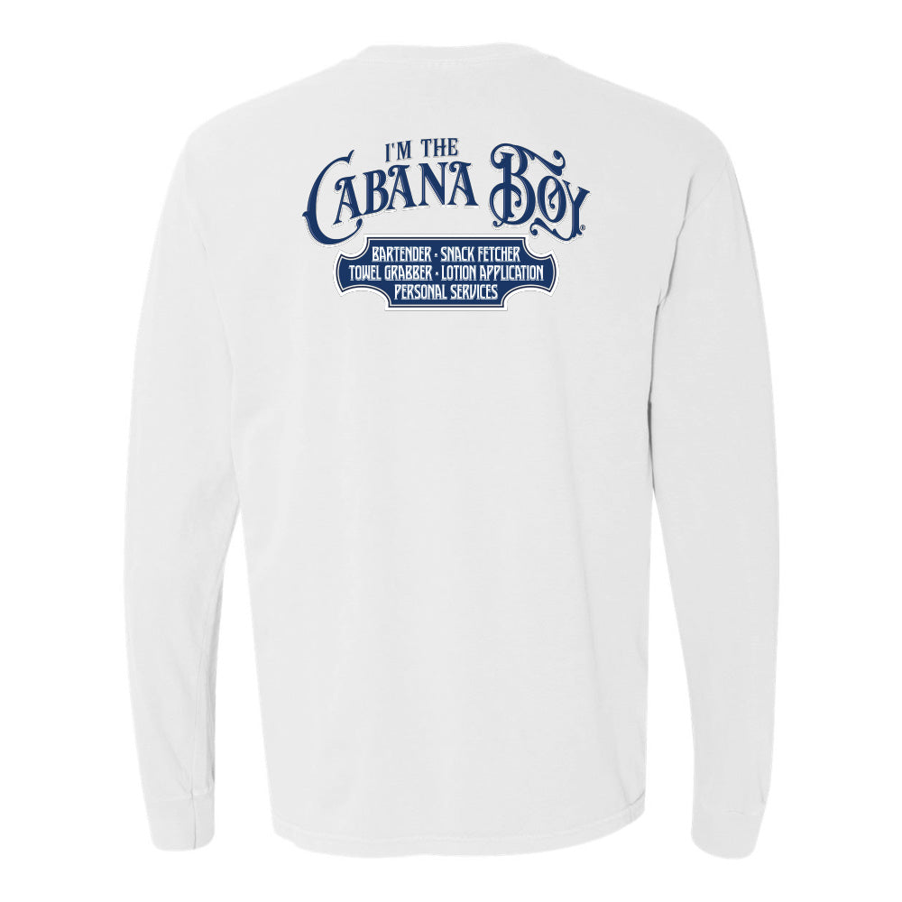 White long-sleeve shirt with blue text on a white background
