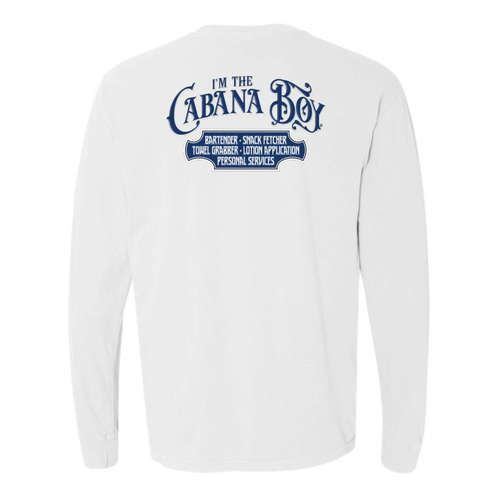 White long-sleeve shirt with blue text on a white background