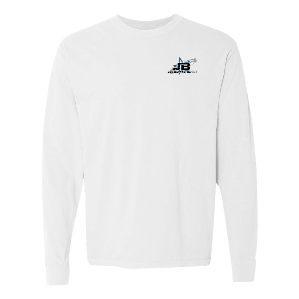 White long-sleeve shirt with a logo on the chest against a white background
