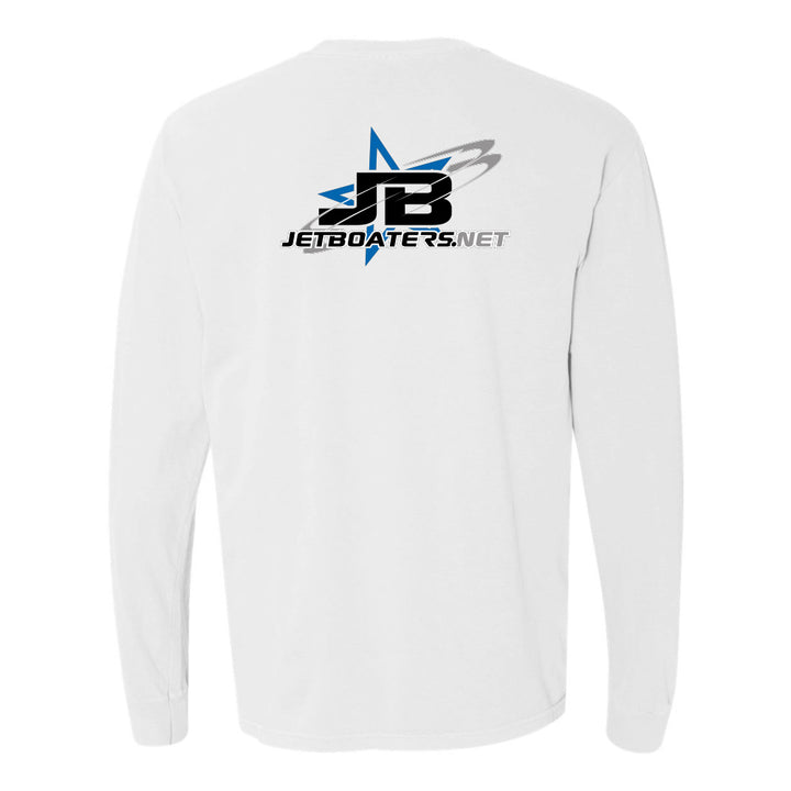 White long-sleeve shirt with JetBoaters.net logo on a white background