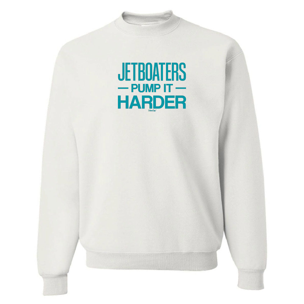 White sweatshirt with blue text on a white background