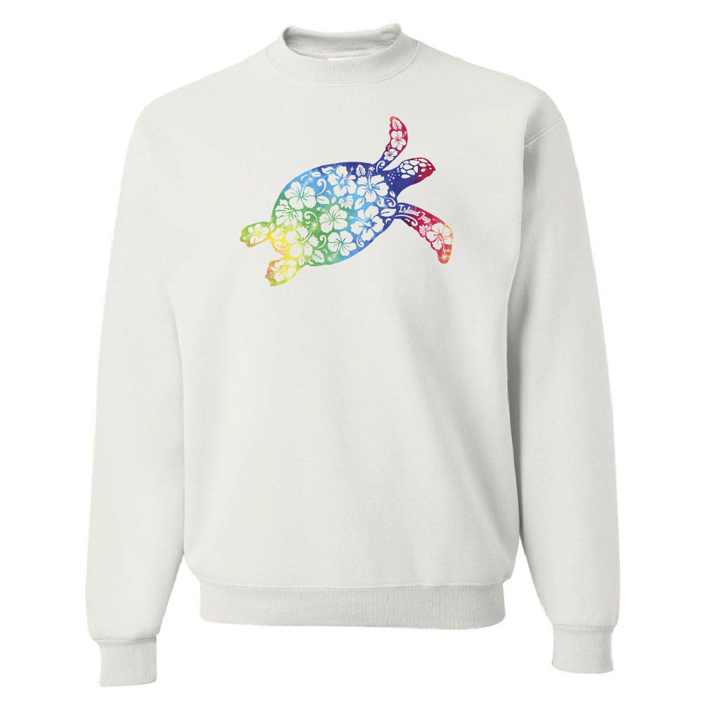 White sweatshirt with a colorful turtle design on a white background