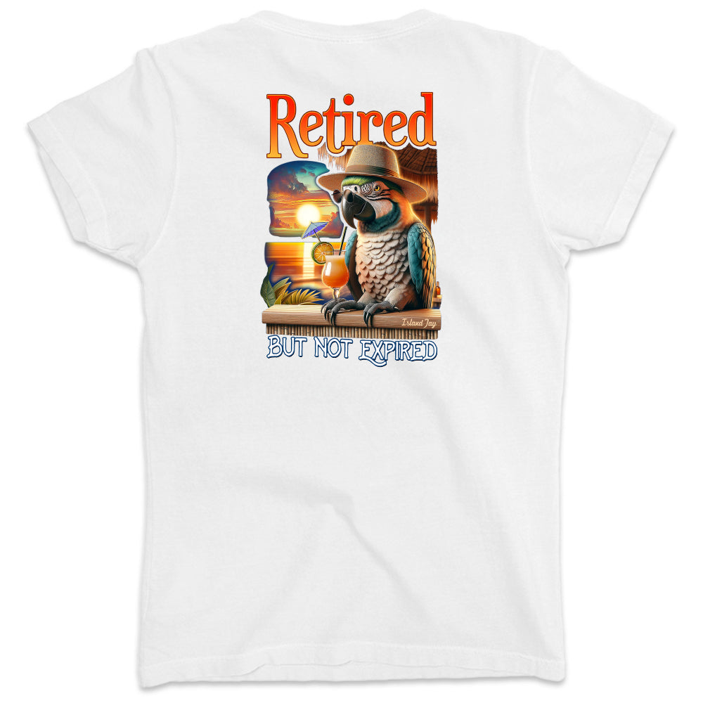 White t-shirt with a parrot graphic and 'Retired but not expired' text on a white background