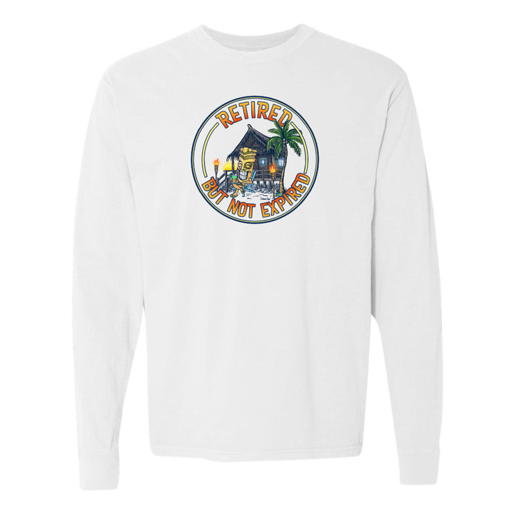 White long-sleeve shirt with a colorful graphic and text on a white background