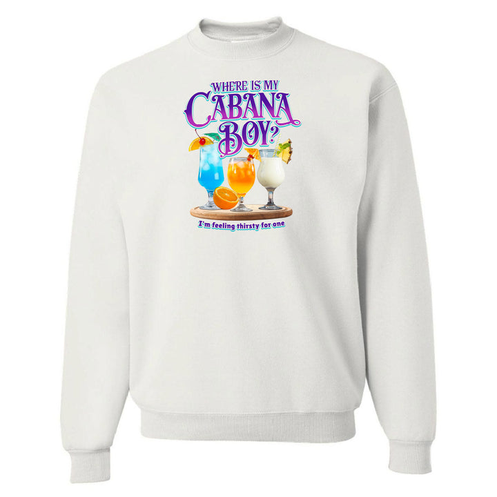 White sweatshirt with a graphic of drinks and text on a white background