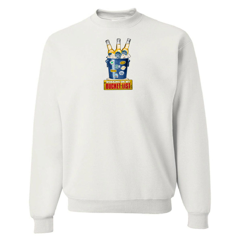 White sweatshirt with a graphic design on a white background