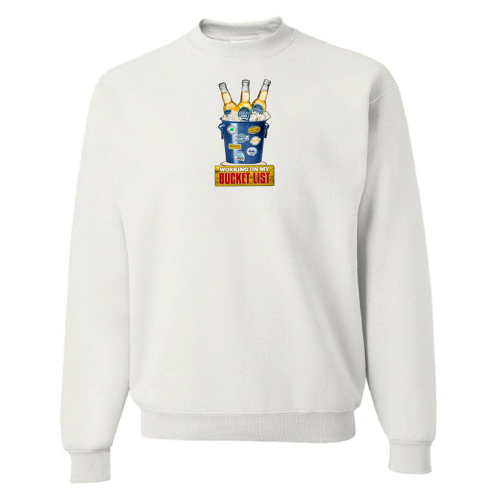 White sweatshirt with a graphic design on a white background