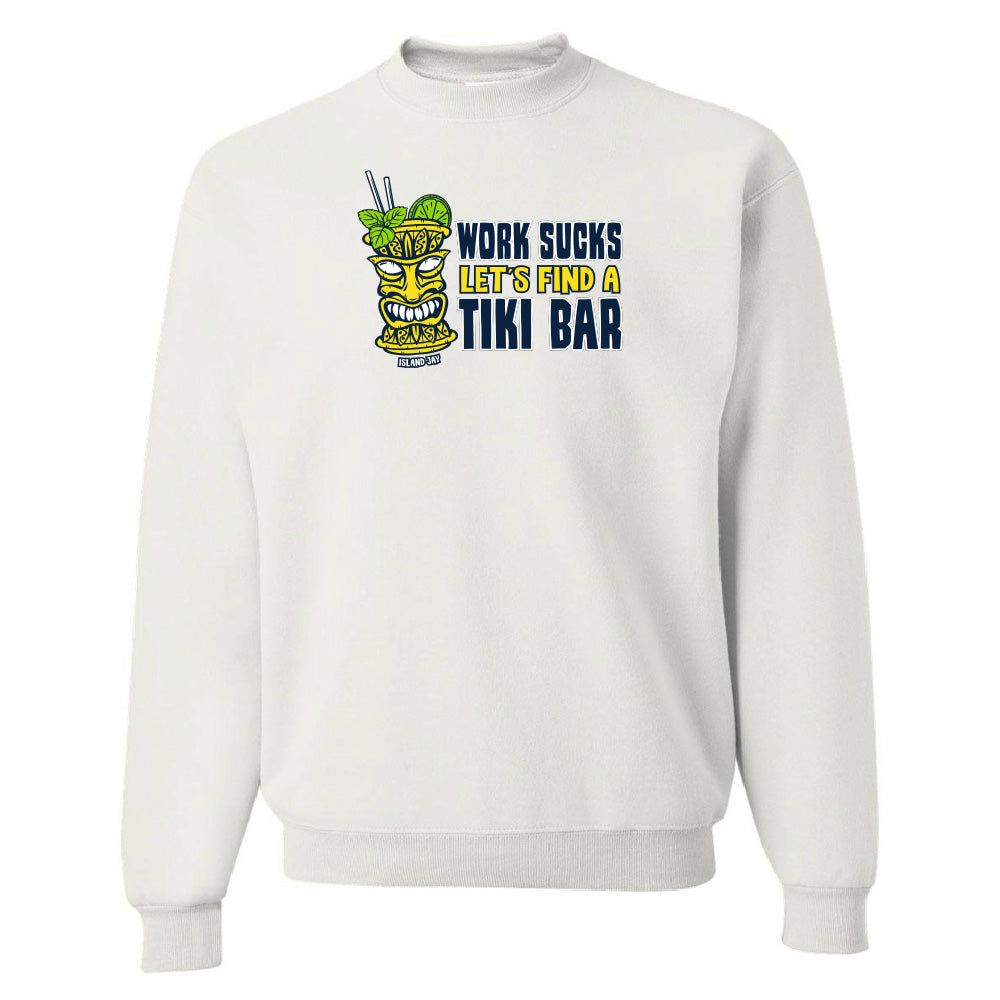 White sweatshirt with a colorful tiki graphic and text on a white background