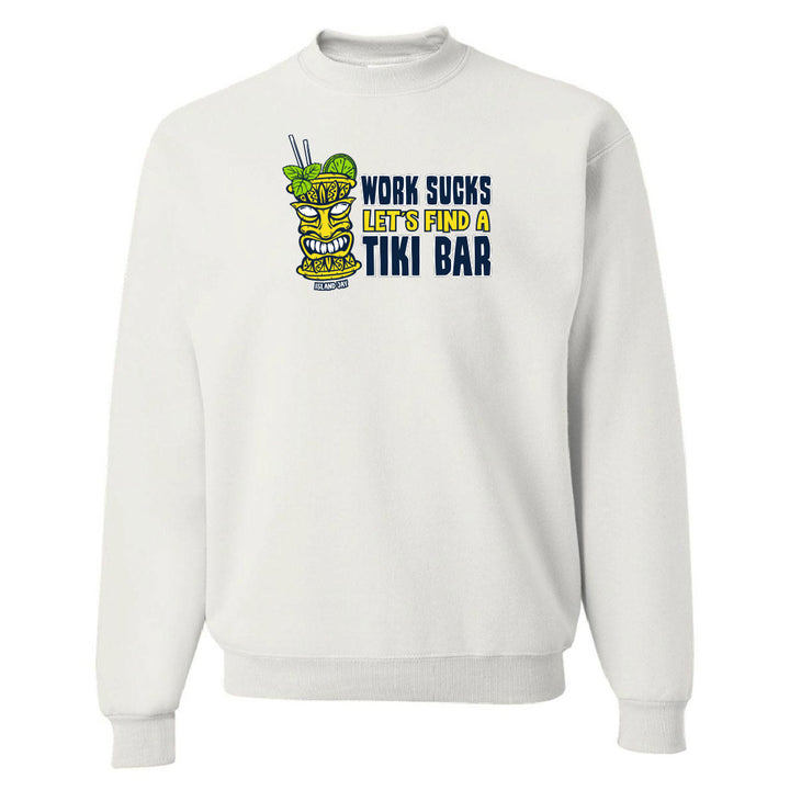 White sweatshirt with a colorful tiki graphic and text on a white background