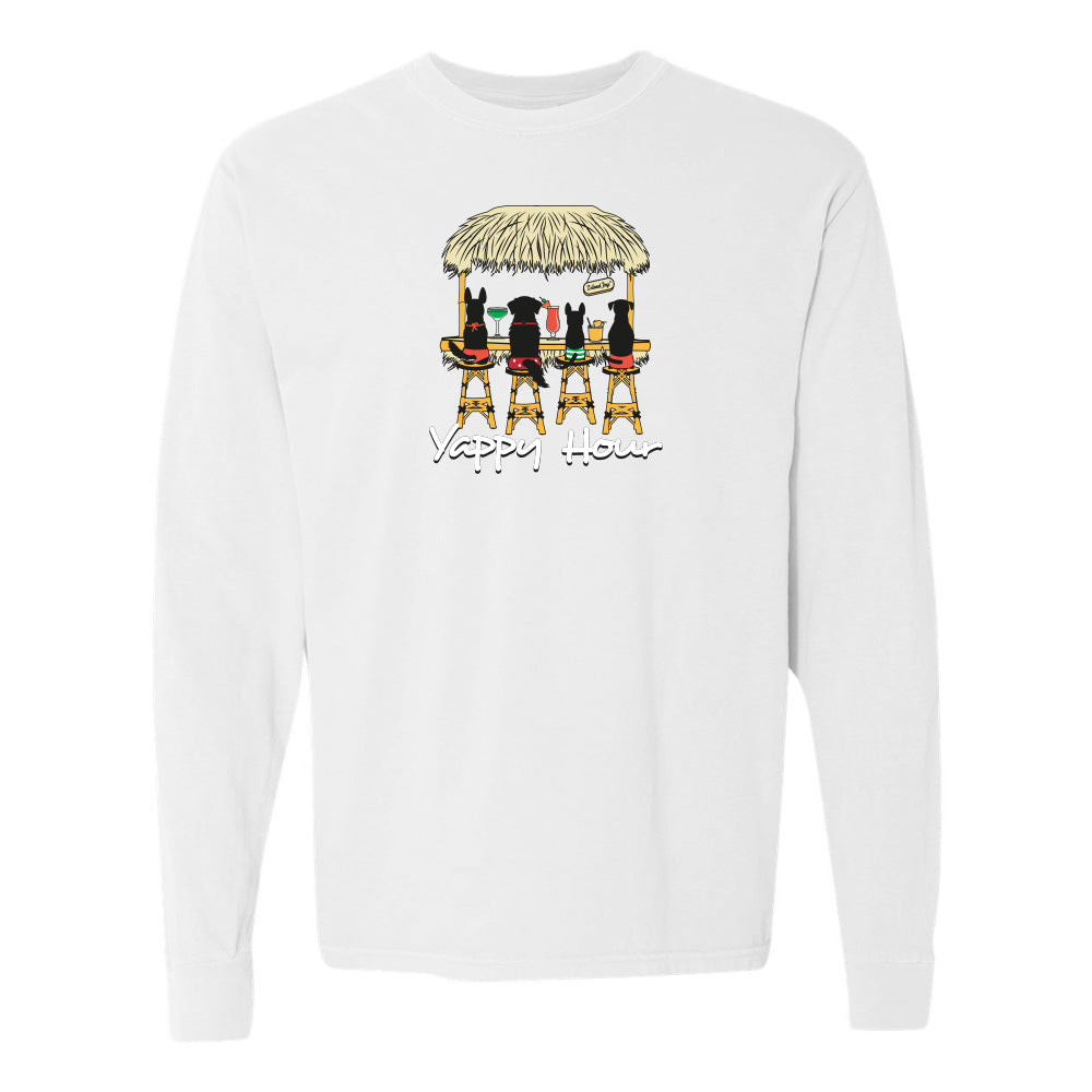 White sweatshirt with a graphic of three dogs at a bar and 'Happy Hour' text on a white background