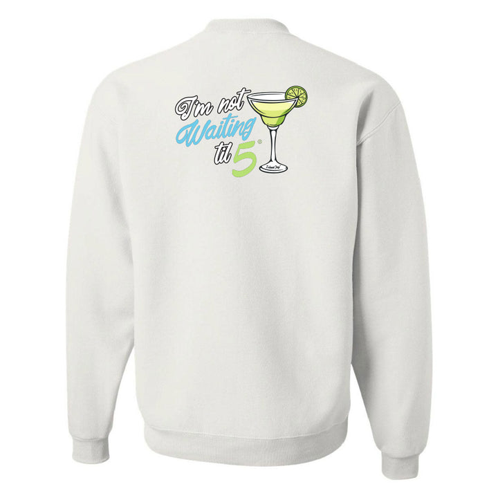 White sweatshirt with a graphic and text on the back against a white background