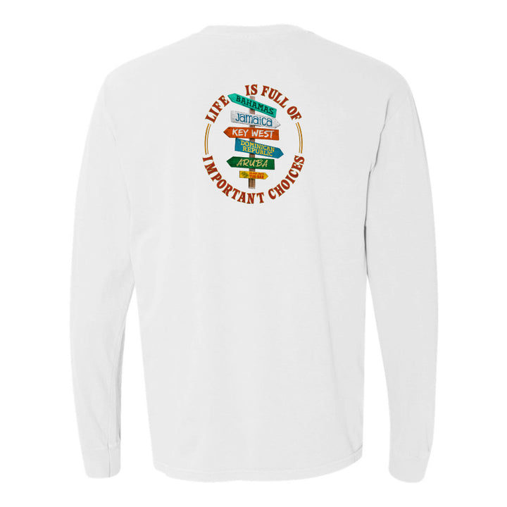 White sweatshirt with colorful graphic and text on a white background