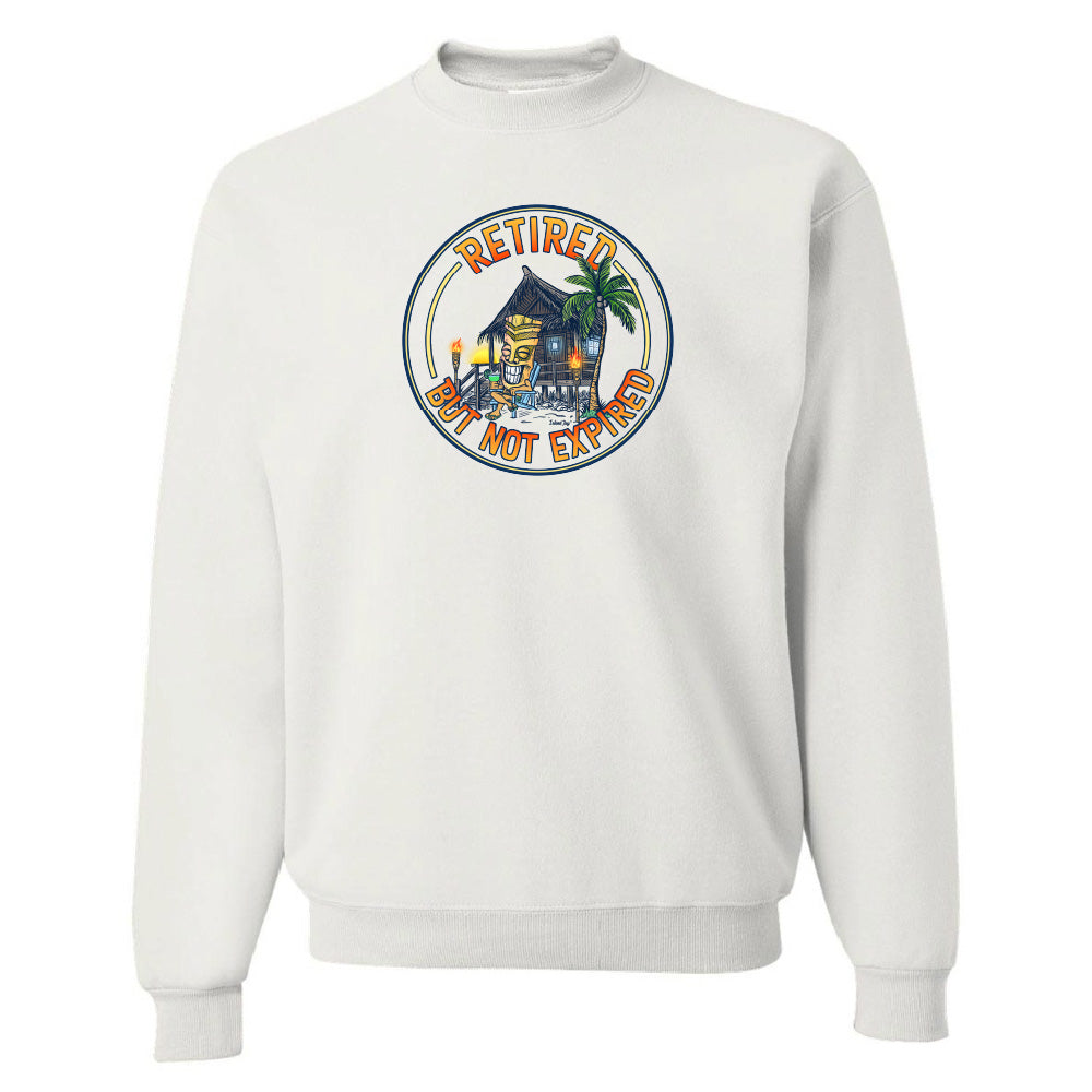 White sweatshirt with a colorful graphic and text 'Retired But Not Expired' on a white background