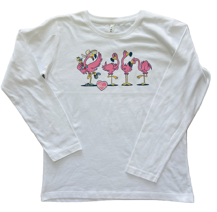 White long-sleeve shirt with flamingo design on a beige carpet