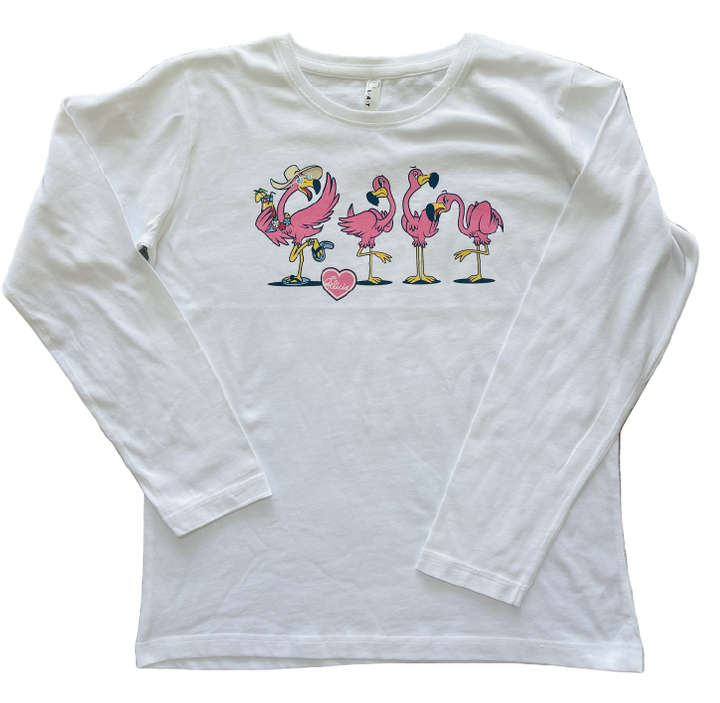 White long-sleeve shirt with flamingo design on a beige carpet