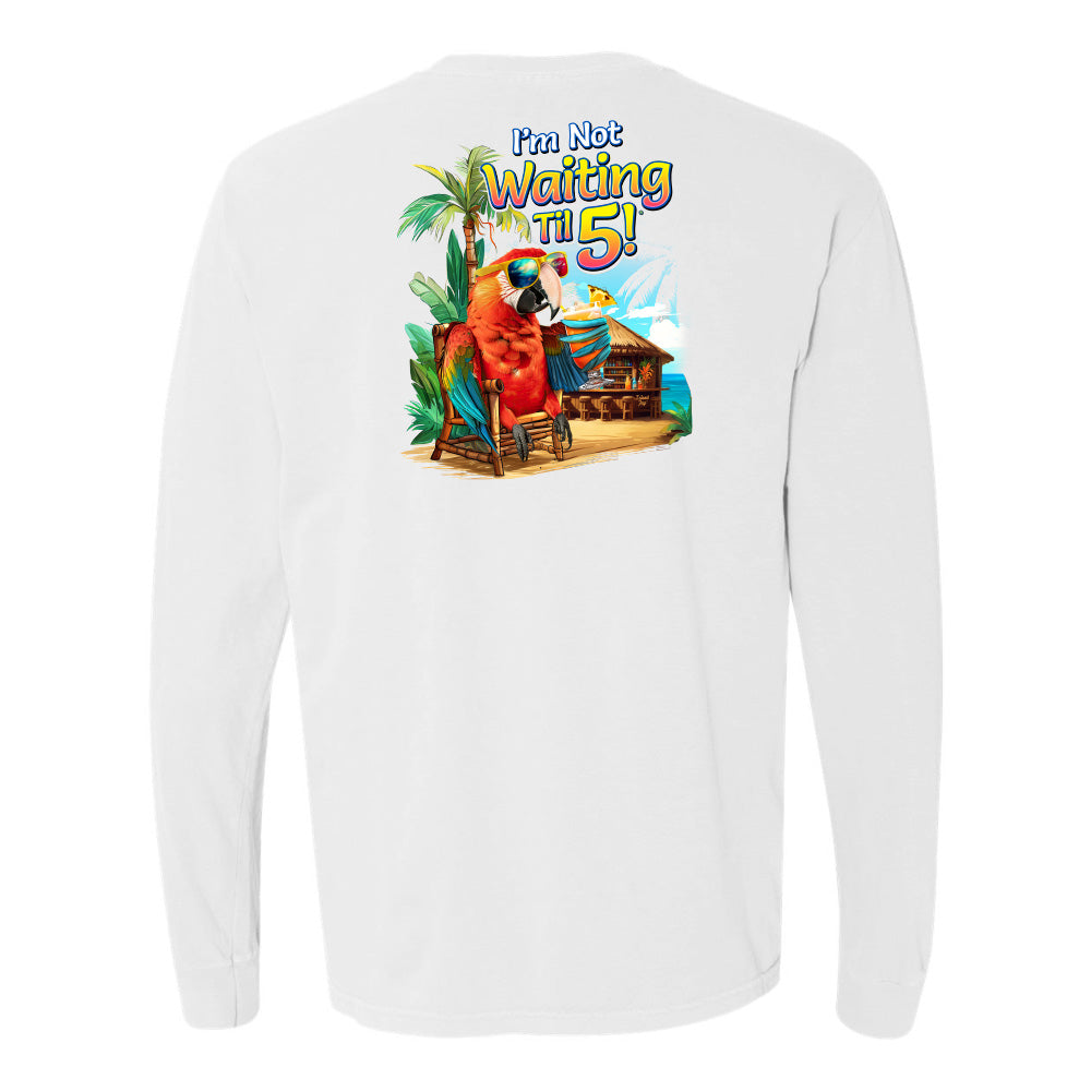 White long-sleeve shirt with a colorful graphic of a parrot and text on the back