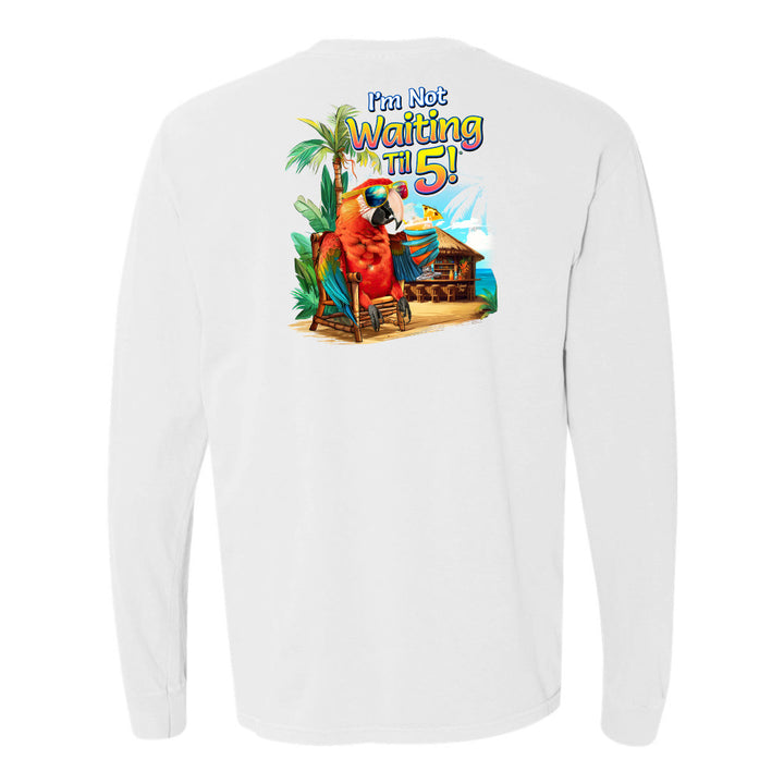 White long-sleeve shirt with a colorful graphic of a parrot and text on the back