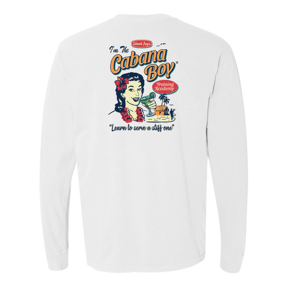 White long-sleeve shirt with 'Cabana Boy' graphic on a white background