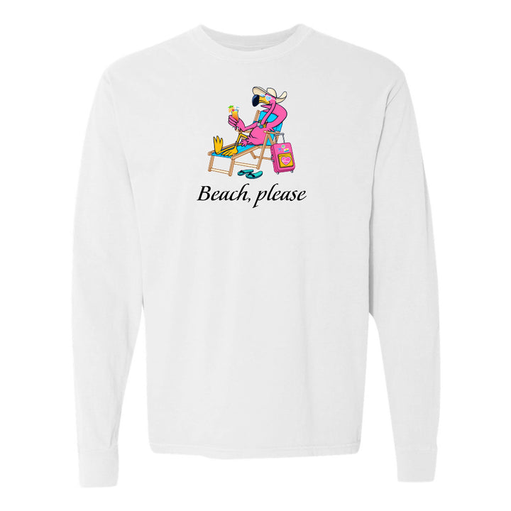White sweatshirt with a cartoon character and 'Beach, please' text on a white background