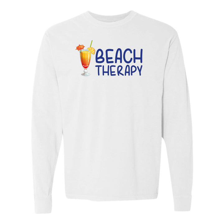 White sweatshirt with 'Beach Therapy' text and cocktail graphic on a white background