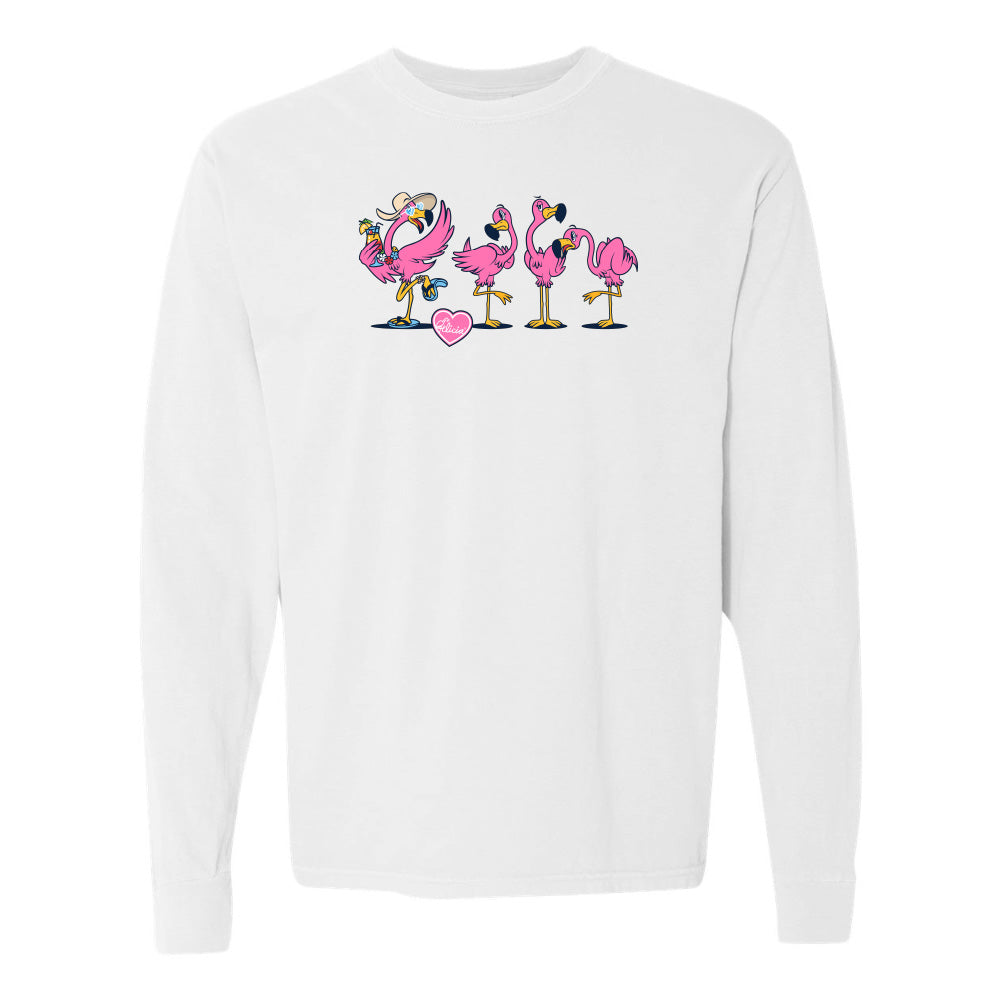White sweatshirt with cartoon flamingos design on a white background