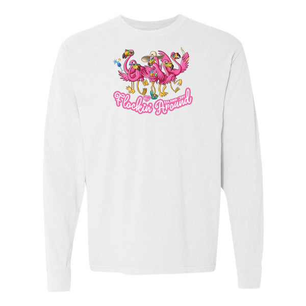 White sweatshirt with flamingo graphic and text on a white background