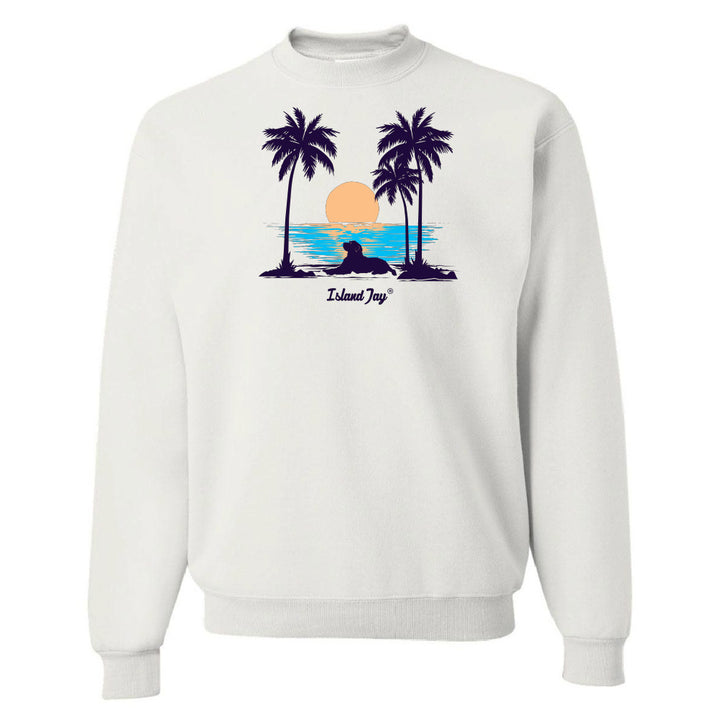 White sweatshirt with a tropical graphic of palm trees and a sunset, featuring the brand 'Island Jay'.