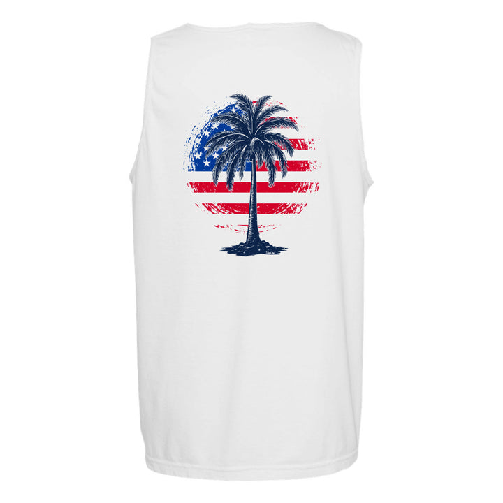 White sleeveless shirt with a palm tree design on an American flag background