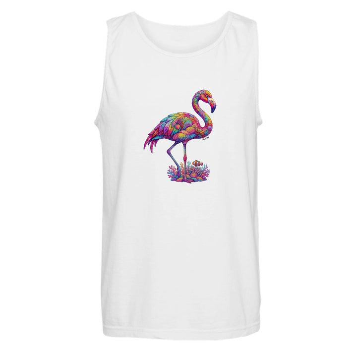 White tank top with a colorful flamingo design on a white background